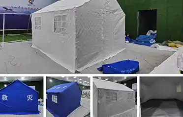 How many workers are needed to erect disaster relief tents in emergency sites?
